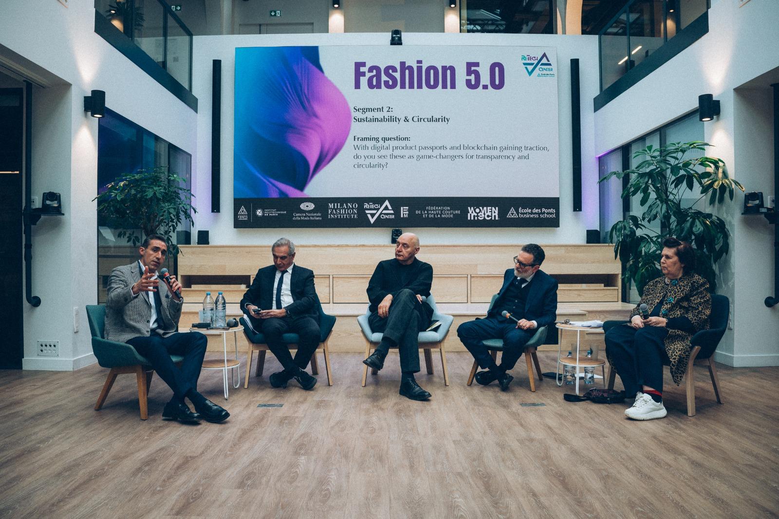 Simone Cipriani speaking on a Fashion 5.0 panel on sustainability and circularity, alongside industry and academic leaders